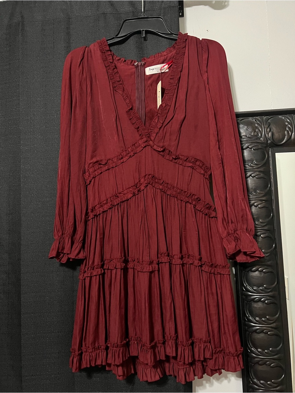 Impressions Burgundy Ruffle Tiered Long Sleeve Dress